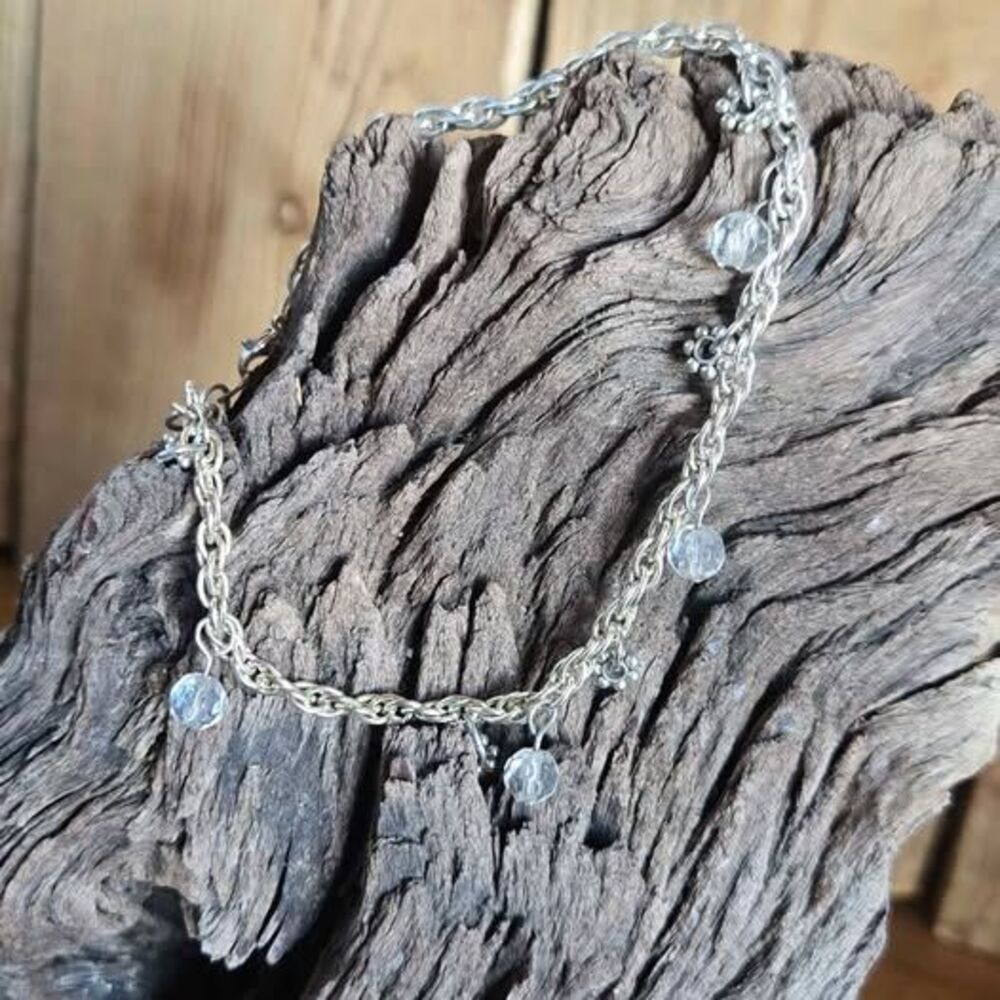 Silver-Tone Charm Anklet | Clear Crystal Dangles | Adjustable 10" Women's Anklet